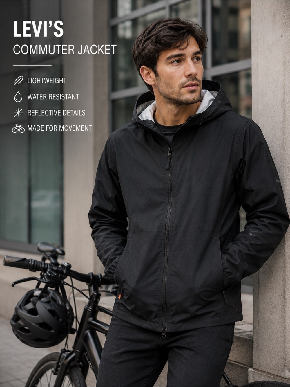 Levi’s Commuter Jacket Black Hooded Windbreaker Reflective Cycling Lightweight